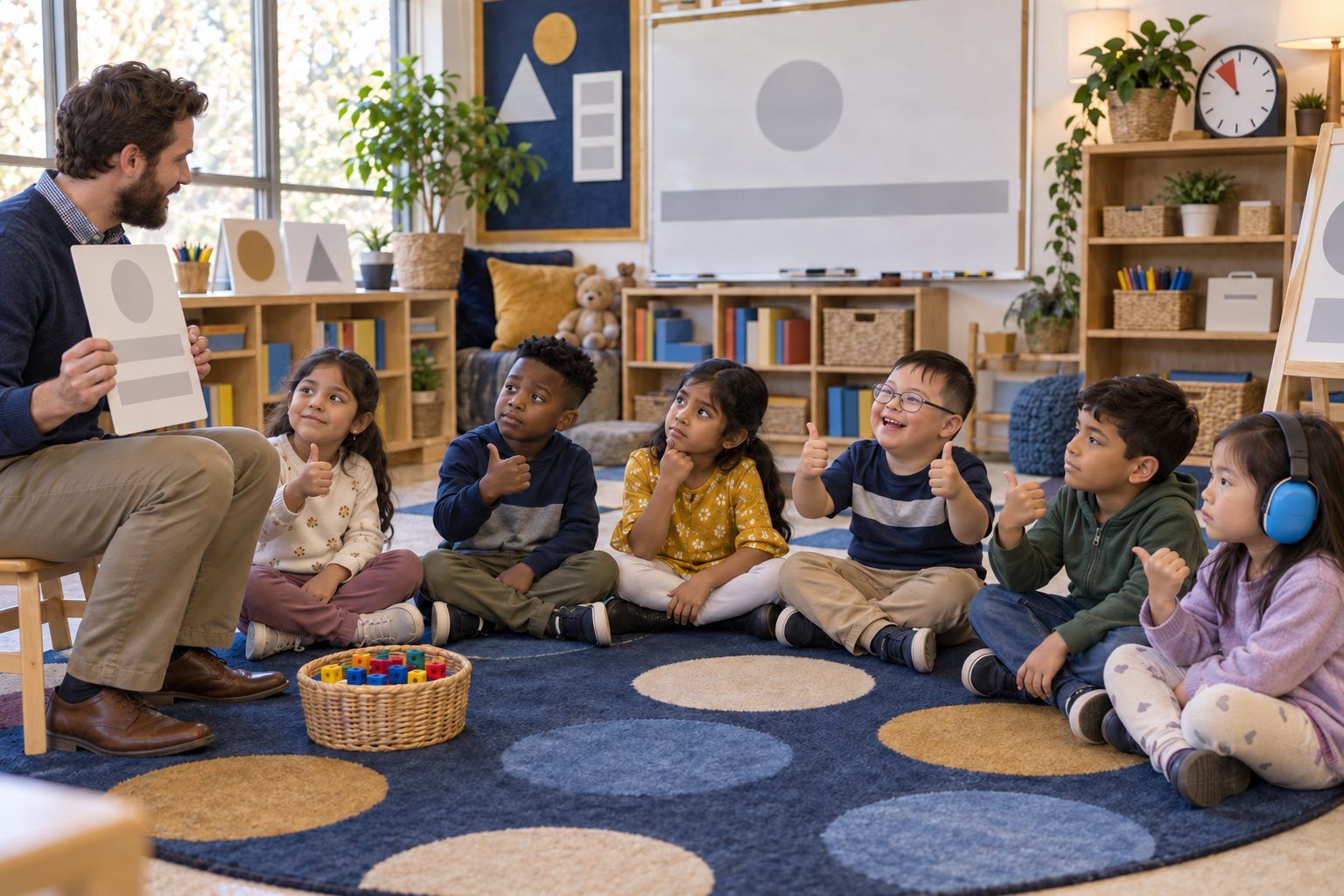 Young children give thumbs-up and thumbs-sideways votes as their teacher reads pretend news from the future.