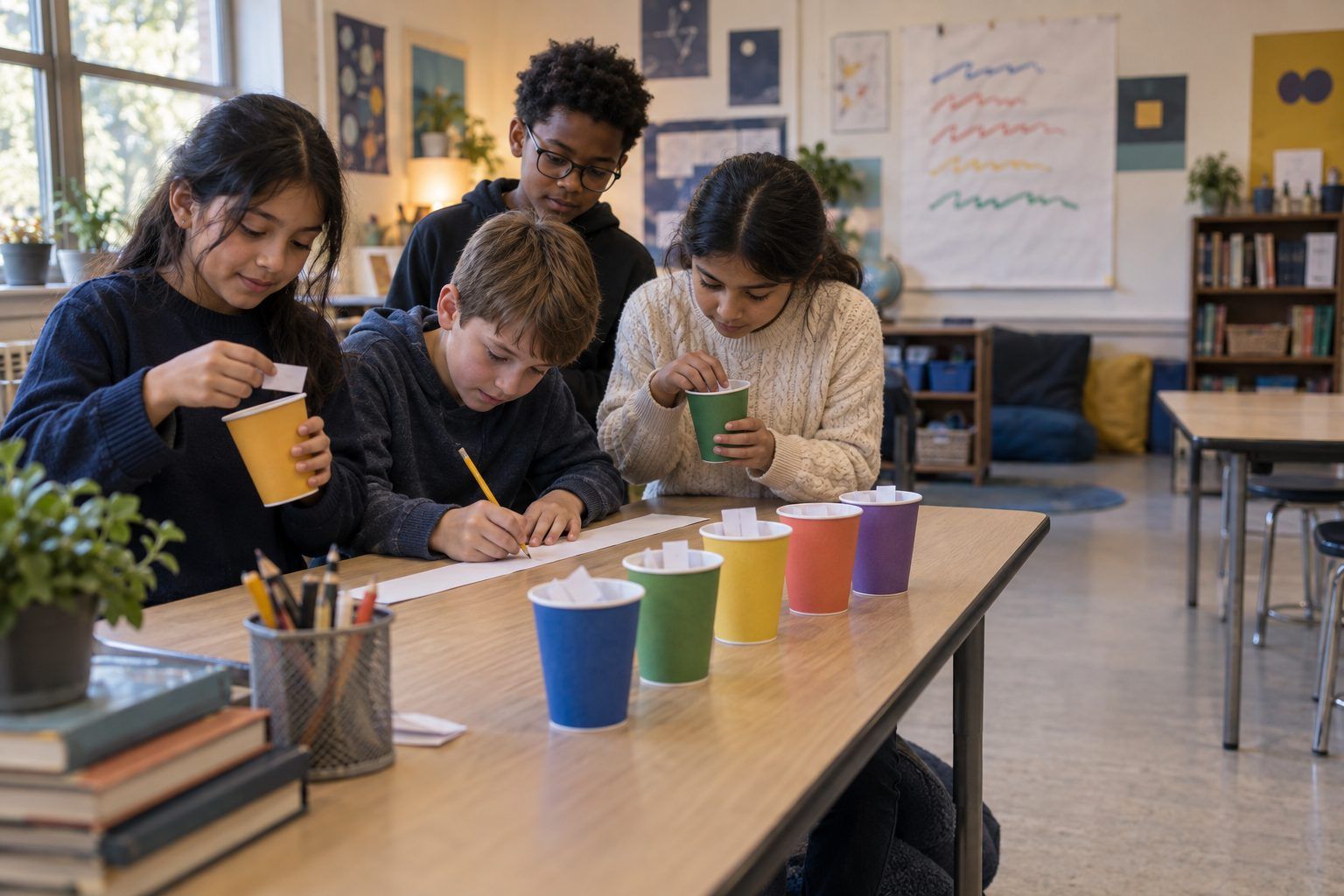 Fifth graders build a sentence by drawing word slips from paper cups, acting as a language model.