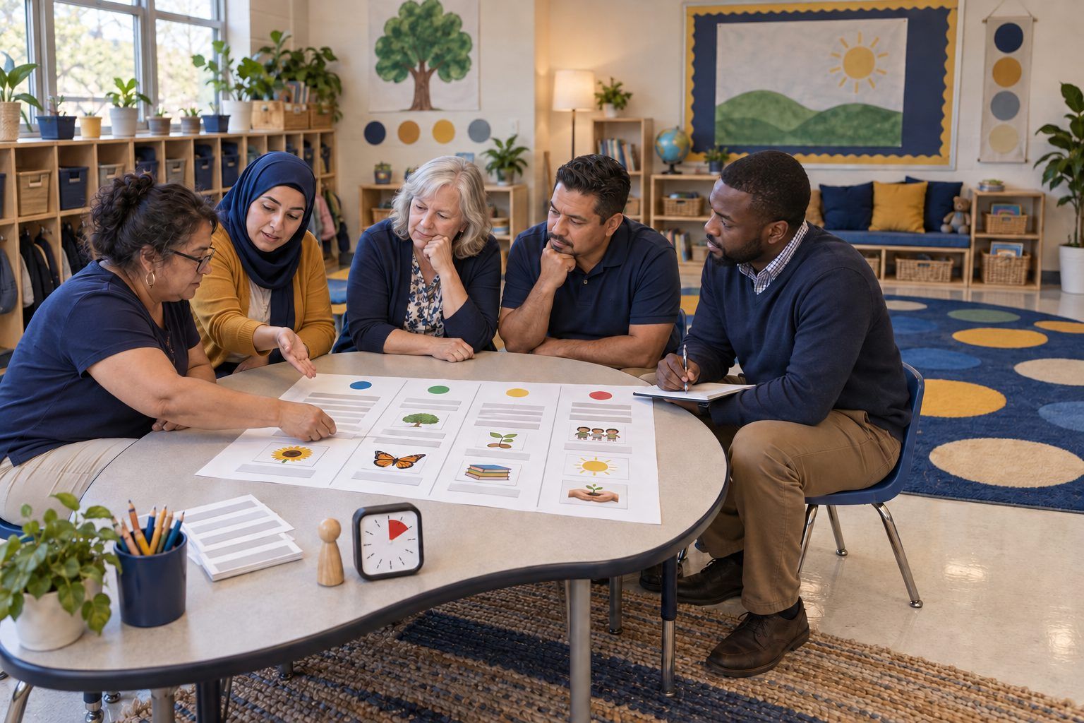 A grade-level teacher team sorts shared-planning dilemmas about AI into columns on small classroom chairs after school.