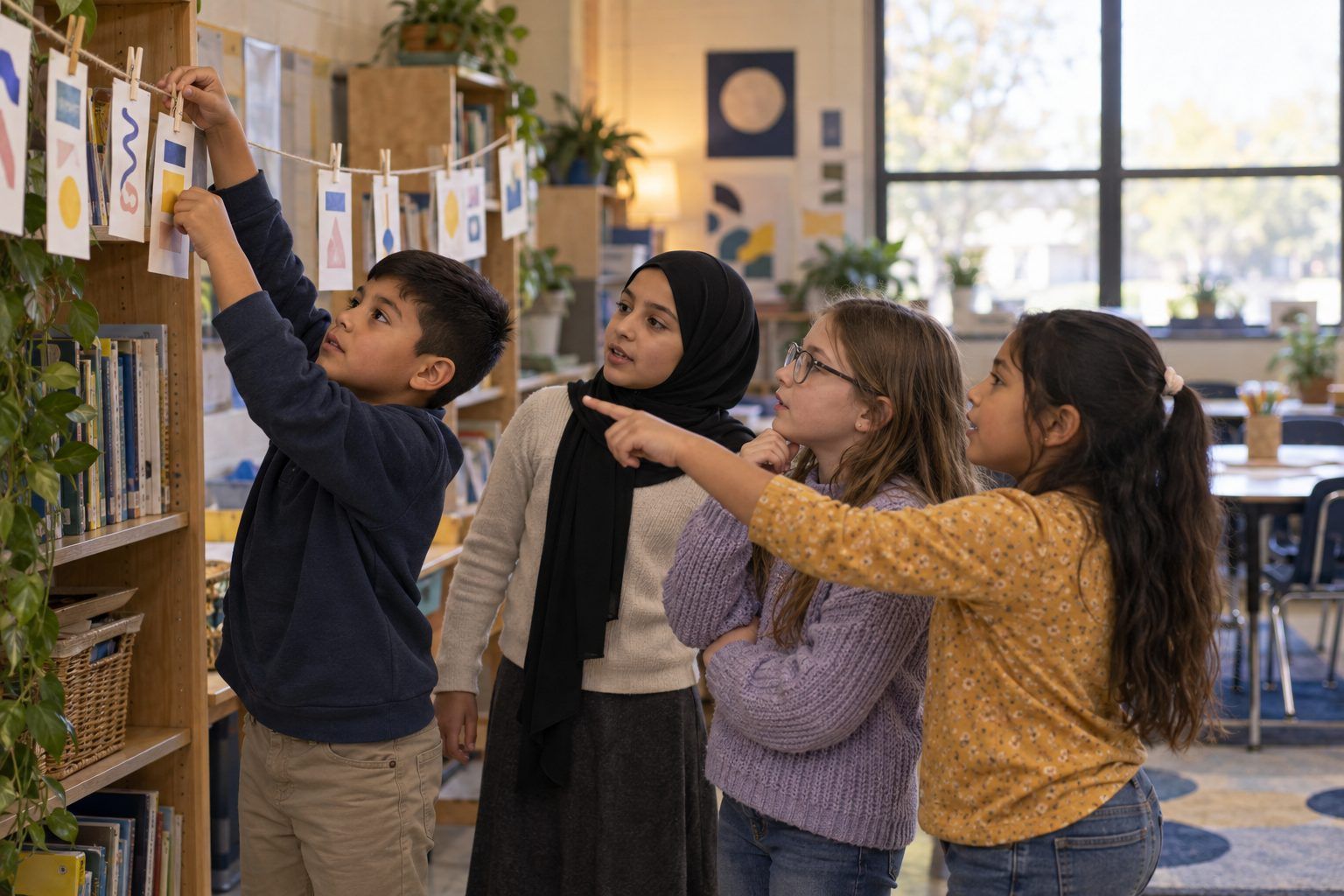 Third graders hang password cards on a clothesline in order from weakest to strongest.