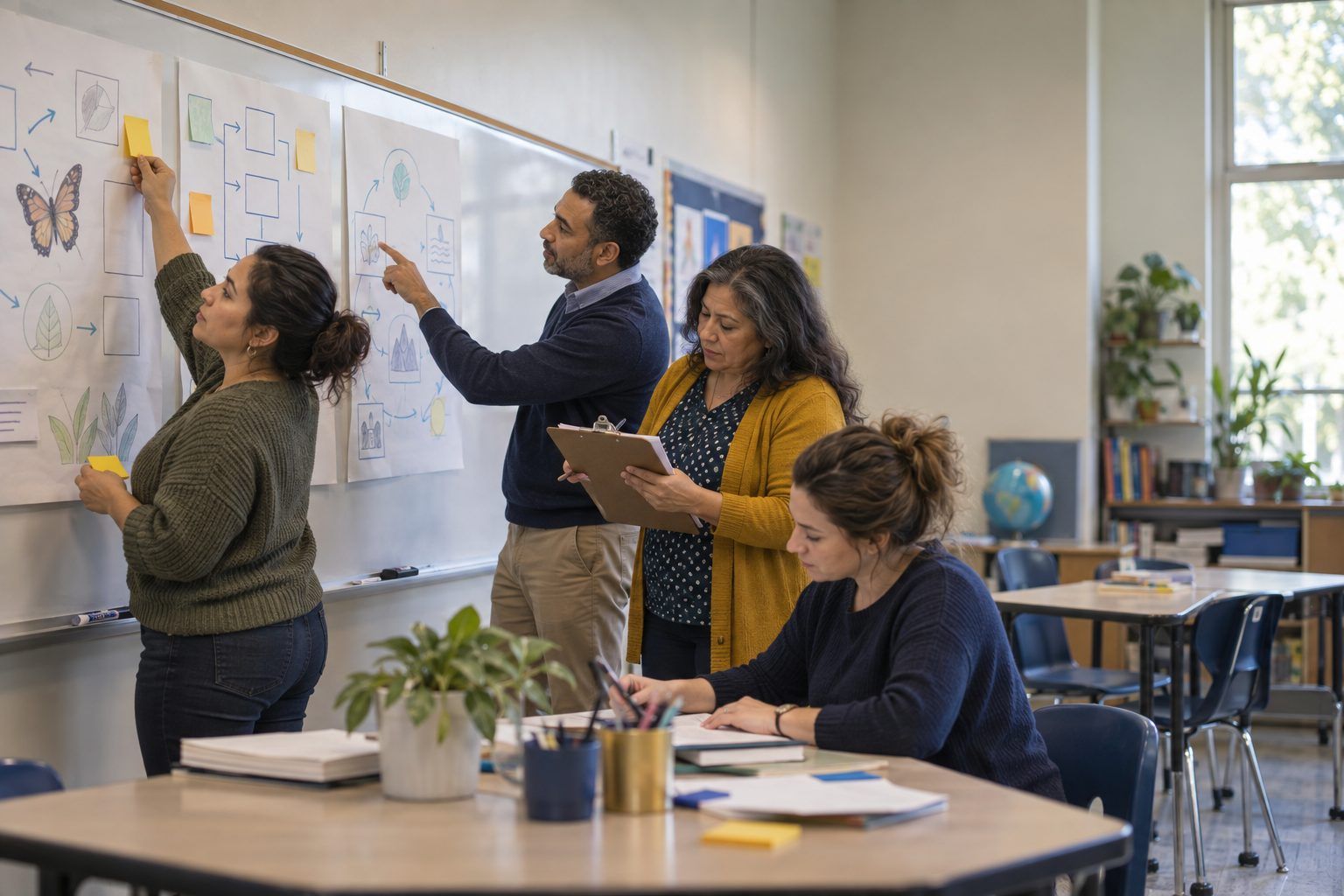 Teachers review each other's posters about supporting different learners, leaving sticky-note feedback.