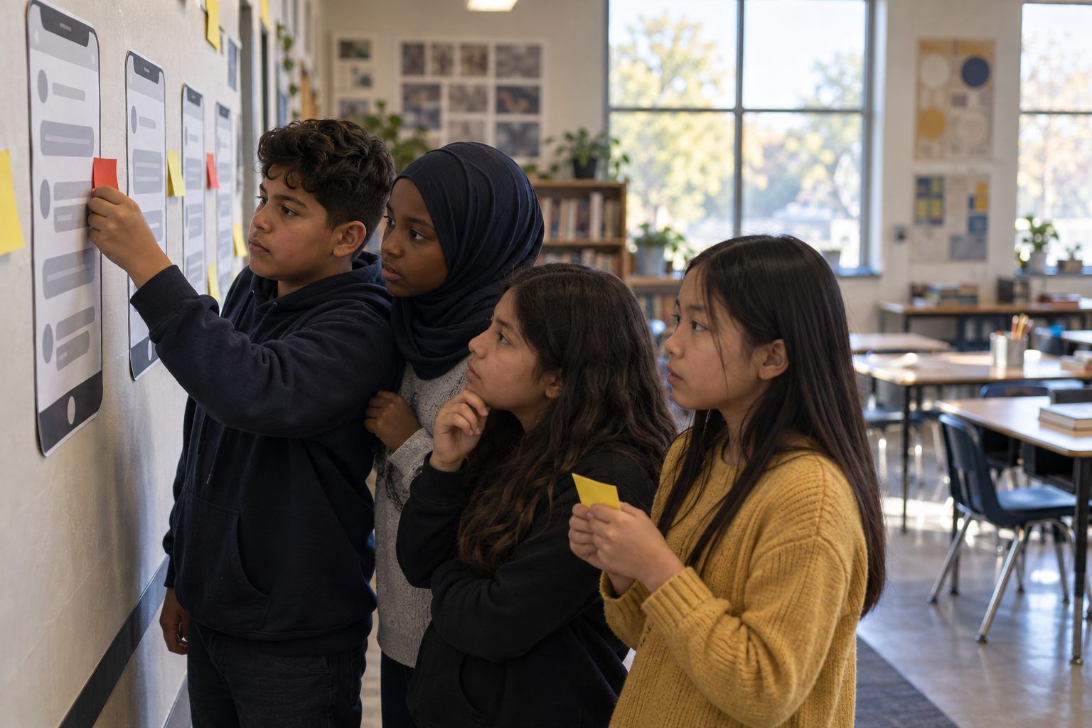 Sixth graders mark printed messages with colored sticky notes to flag which ones could be scams.