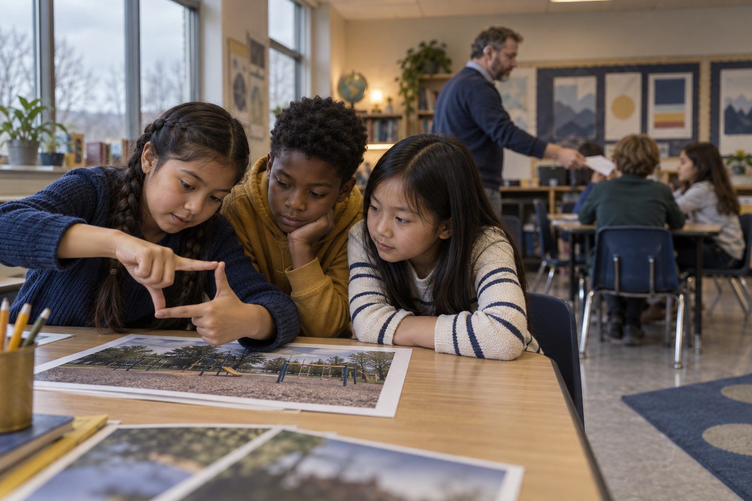 Fourth graders use their fingers to frame part of a photo and see how cropping can change its story.