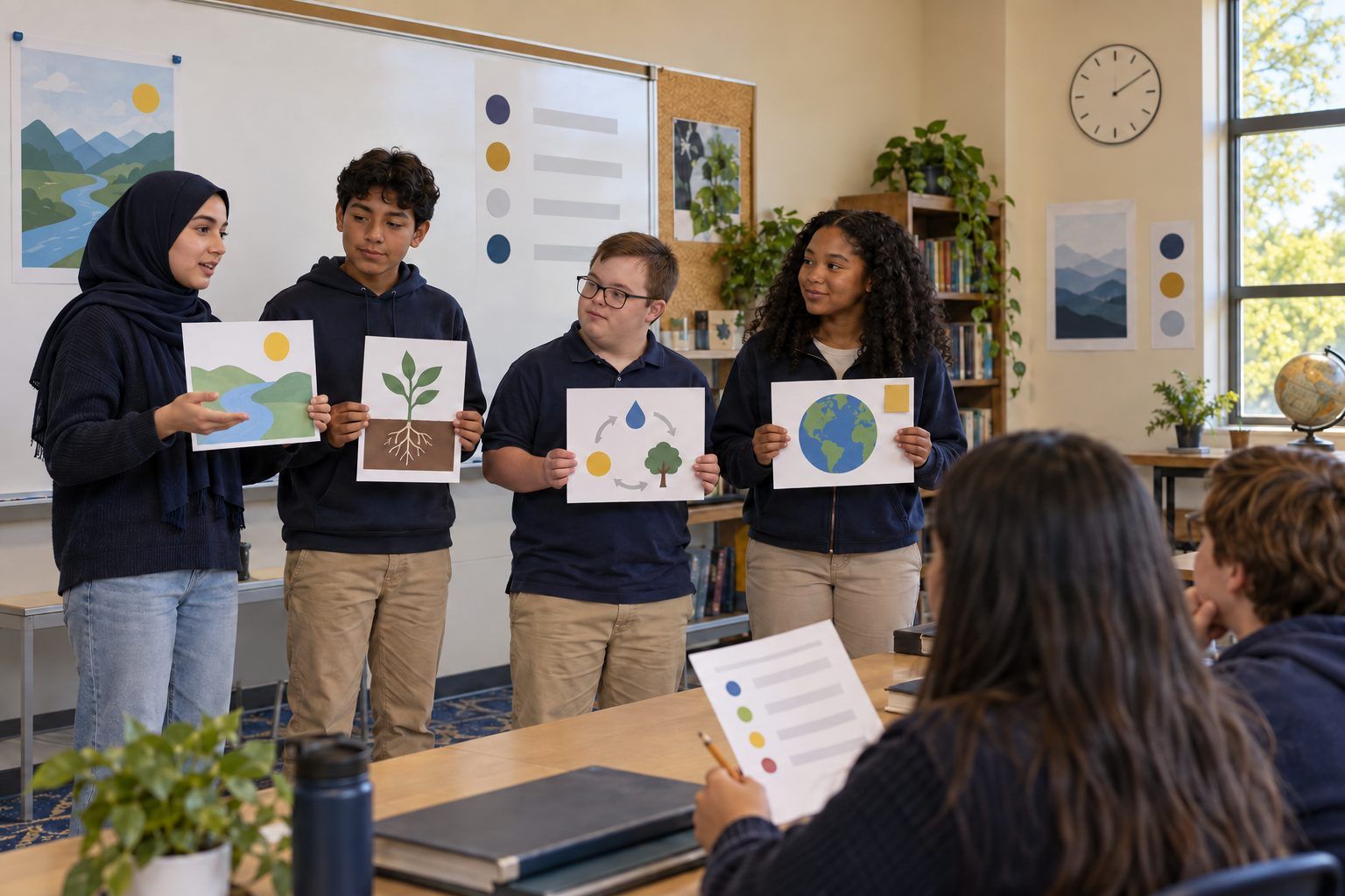 A middle school team pitches its redesigned slides, sketched on index cards, to classmates.