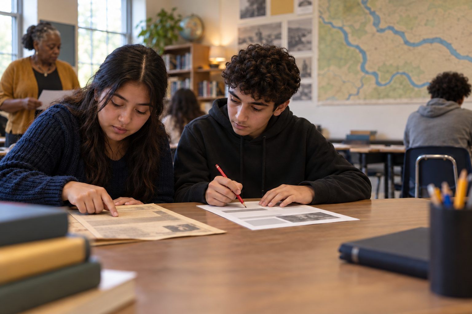Two eighth graders check an AI summary line by line against a handwritten historical letter.