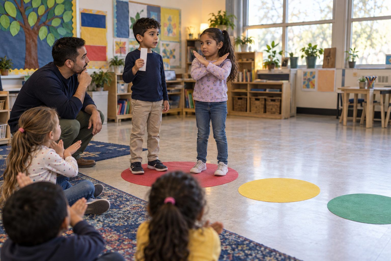 Second graders stand in a red paper circle and cross their arms to show that some information stays private.