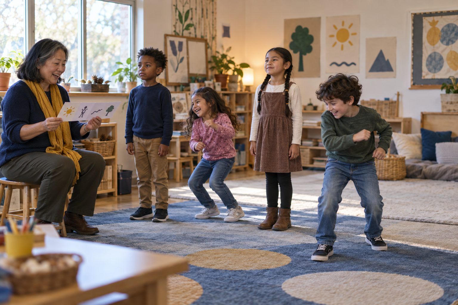 Kindergartners freeze, wiggle, or stand tall to show whether a story is real, pretend, or changed.