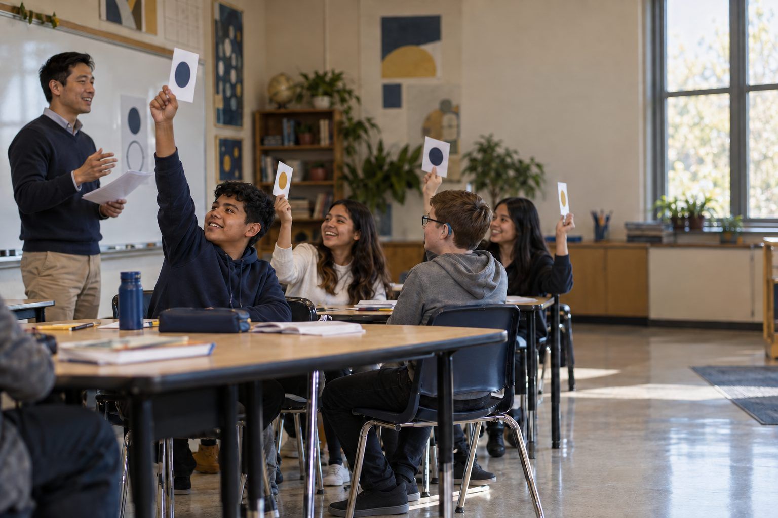 Seventh graders race to hold up the license card that matches a situation their teacher reads aloud.