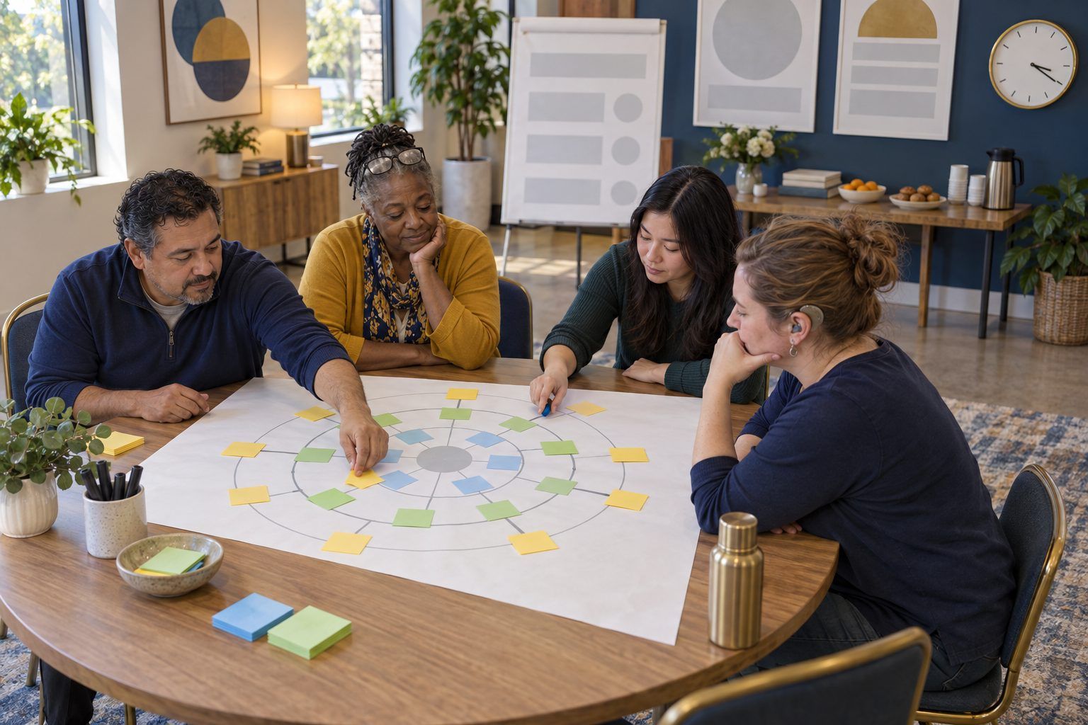 Four educators map ripple effects of a future headline on a hand-drawn futures wheel.