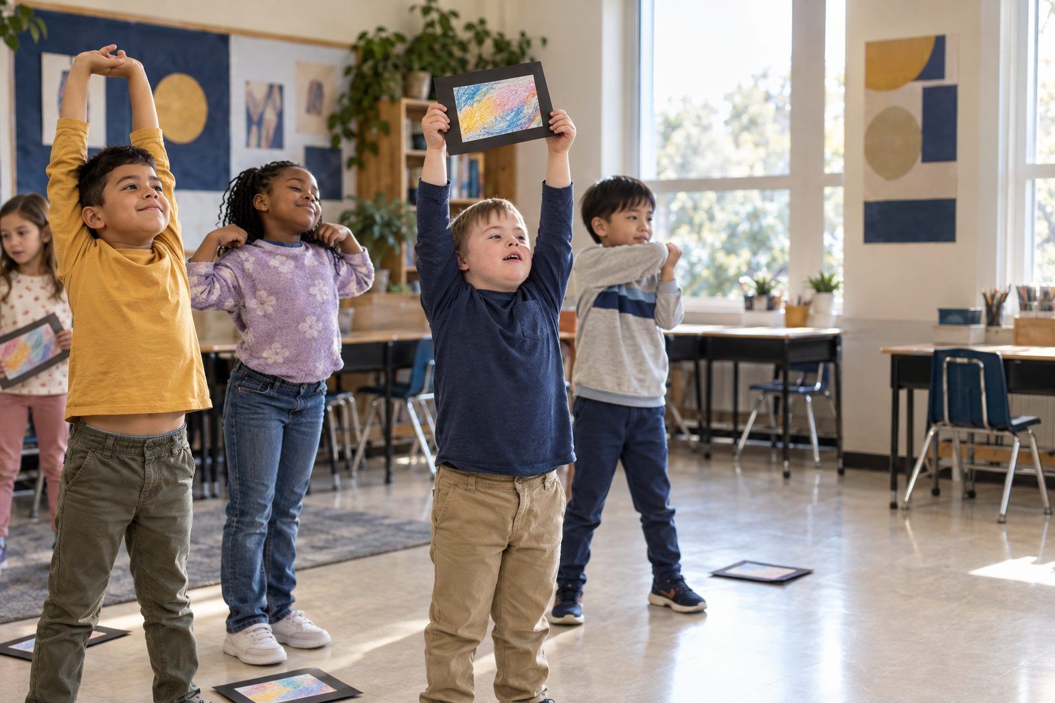 Second graders stretch after holding pretend paper tablets still for one minute.