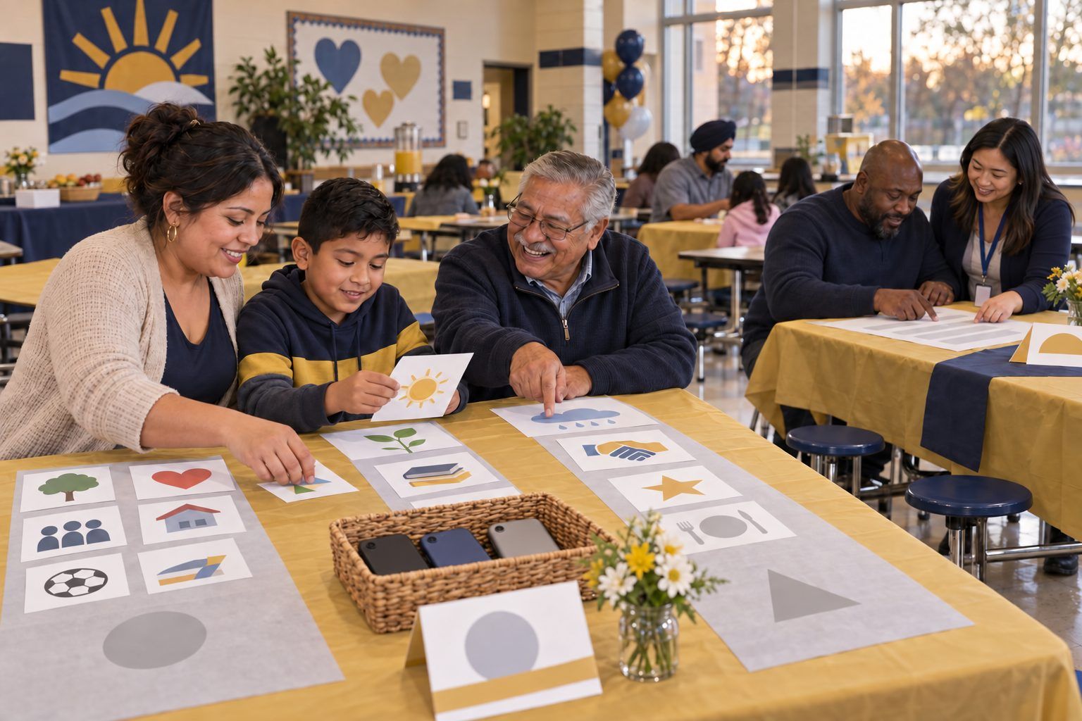 Families at a school family night sort picture cards about screen time and fill in a family agreement.