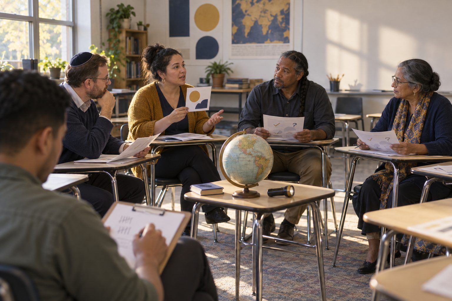 Teachers in a fishbowl seminar discuss a printed chatbot answer while a colleague outside the circle tallies their questions.