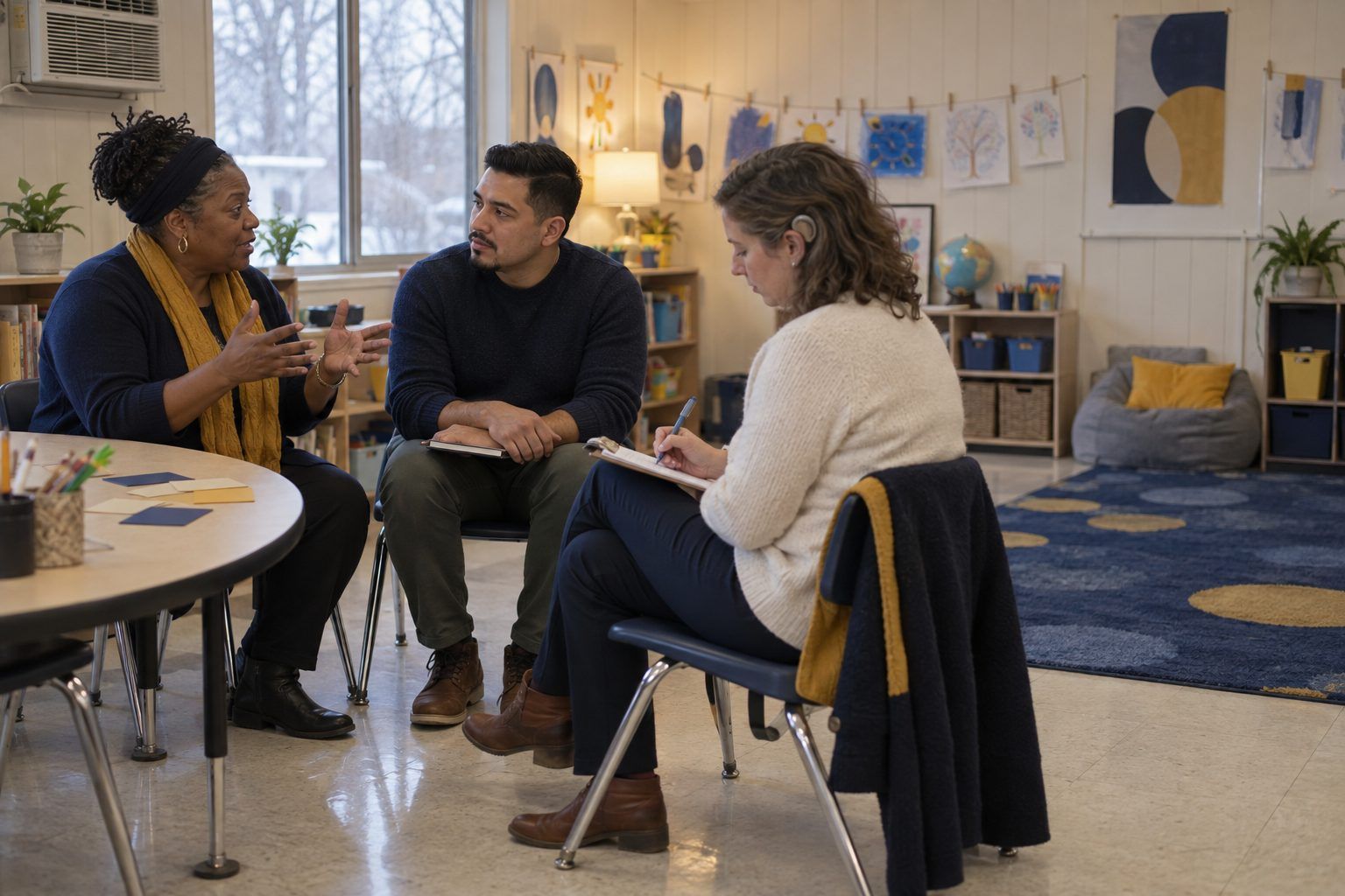 In a coaching role-play, a young coach listens closely while an experienced teacher describes her class.