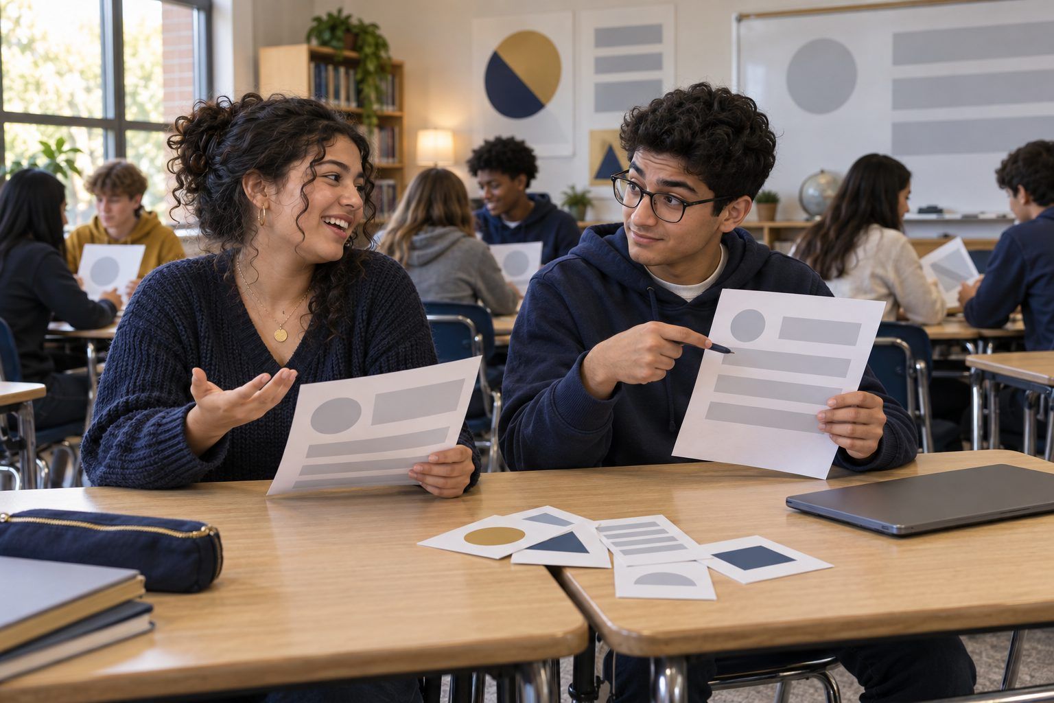 Two high school students trade handwritten future headlines and check each other's work.
