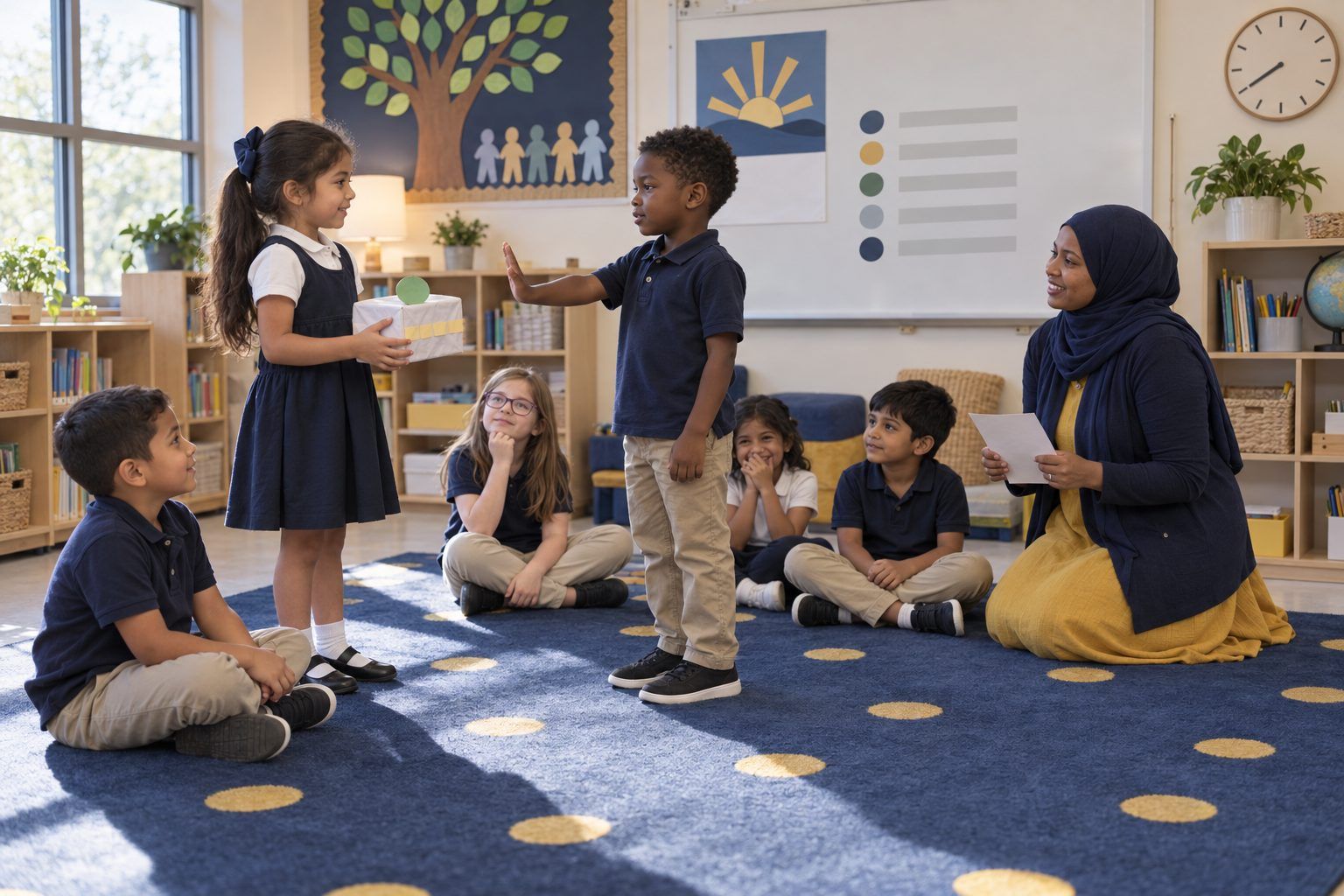 First graders role-play with a pretend cardboard smart speaker as one child tells it to stop.