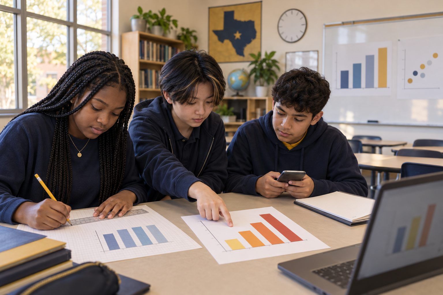 Eighth graders redraw a misleading bar chart honestly on graph paper, checking it against their own calculations.
