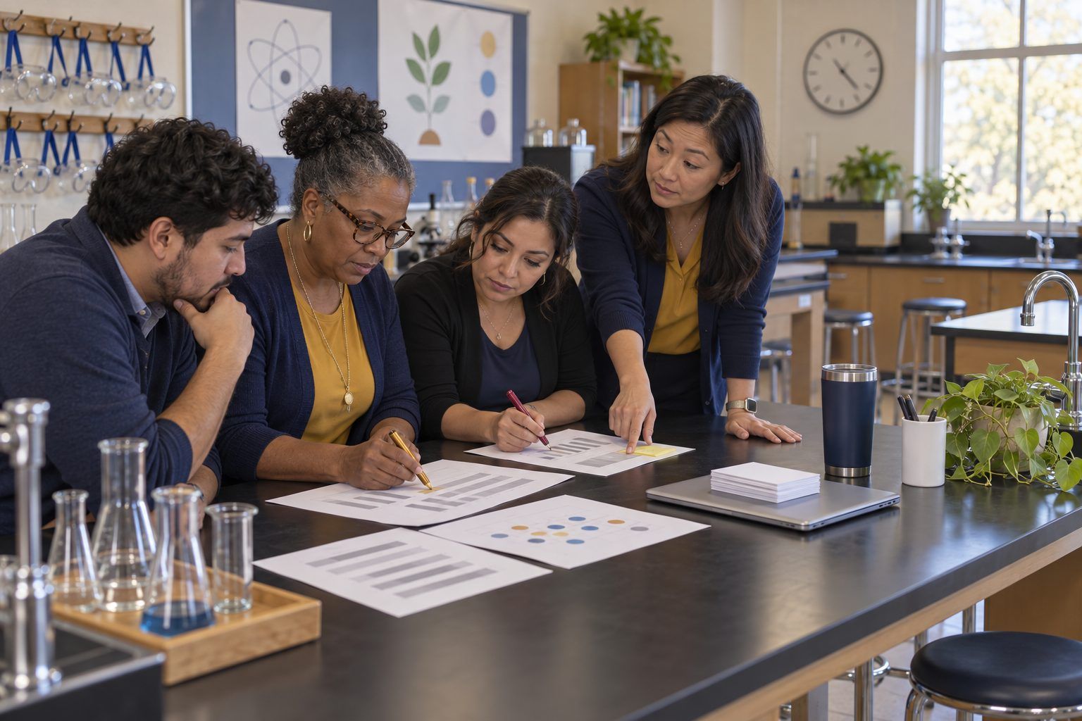 A coach and three teachers highlight anonymous student survey results in a science lab after school.
