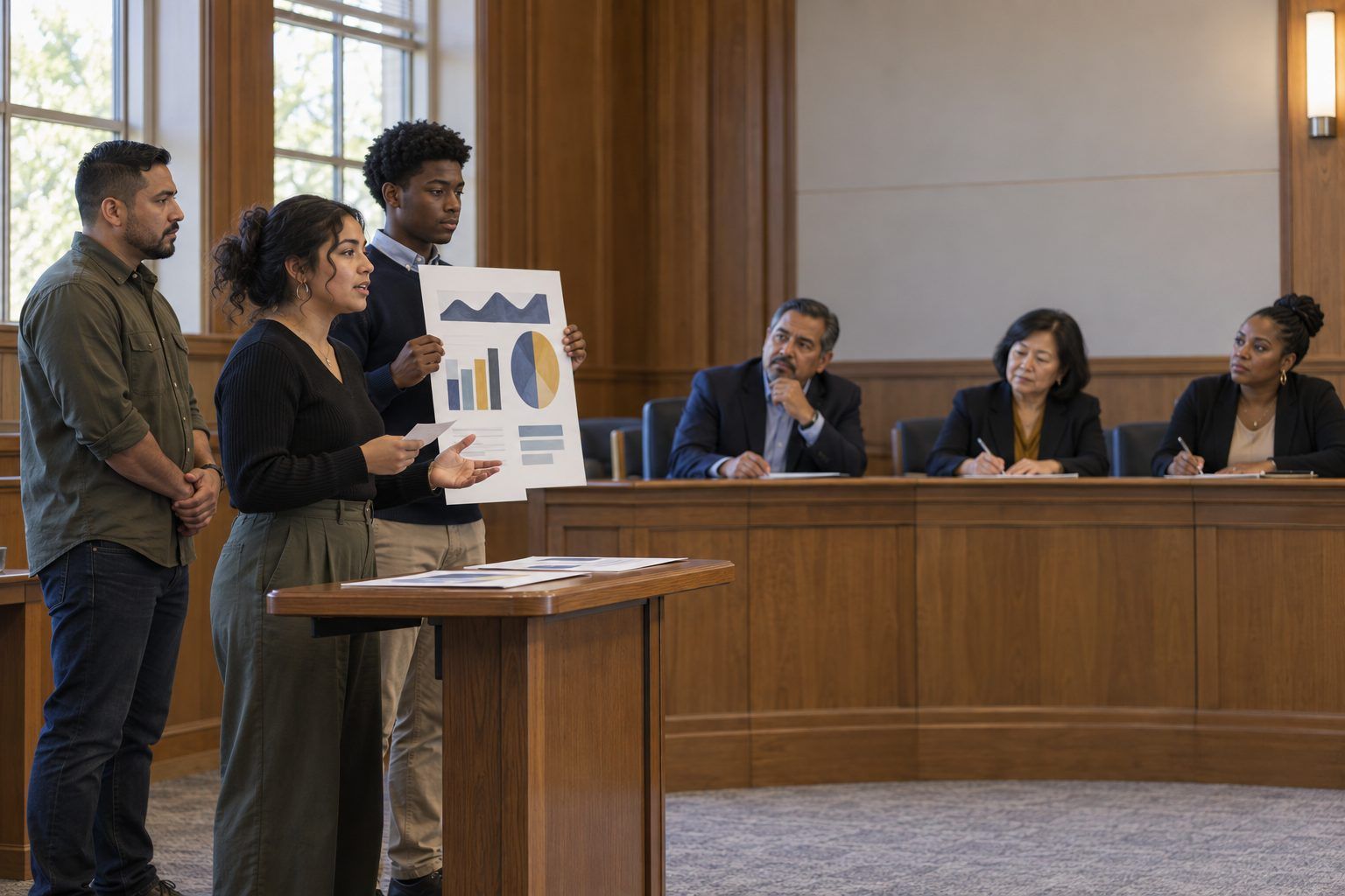 Community college students present a technology policy proposal to a mock board.