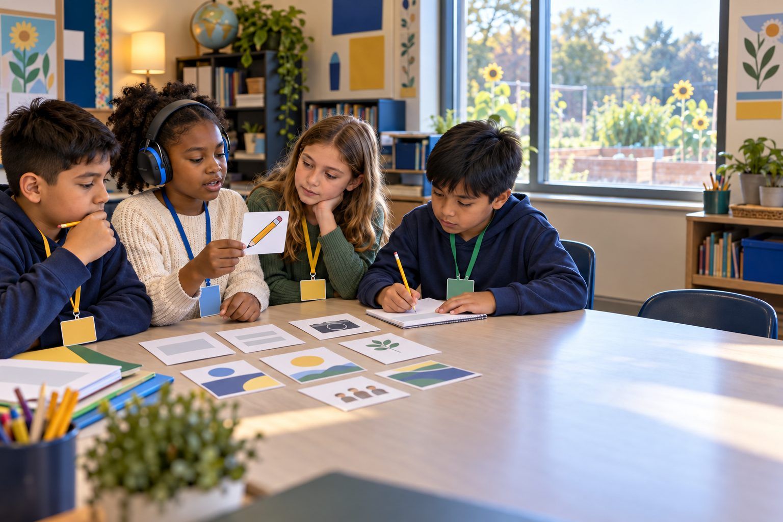 Fourth graders match job cards to tool cards as they plan a school garden guide.