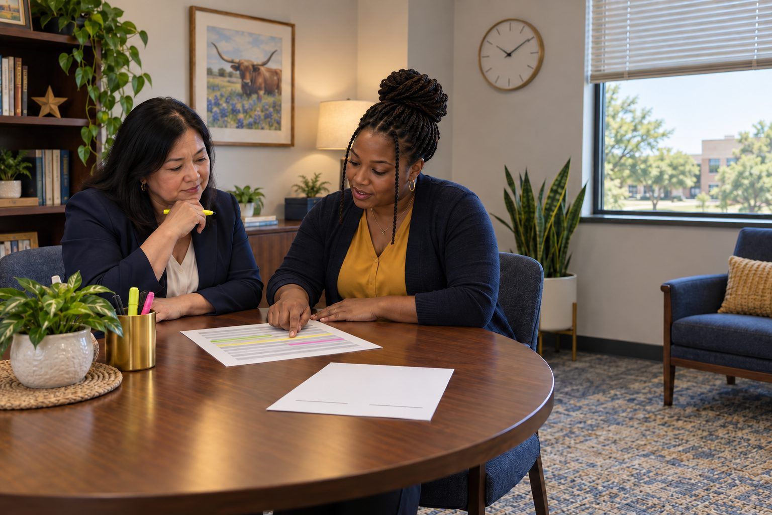A principal and an instructional coach highlight a coaching-time audit together at a round table.