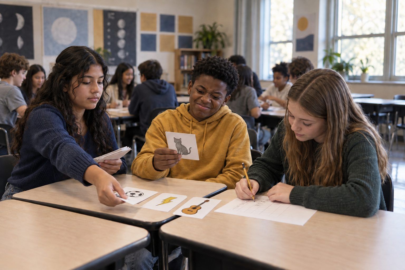 Eighth graders play a card game in which one student acts as a social media algorithm choosing posts for a classmate.