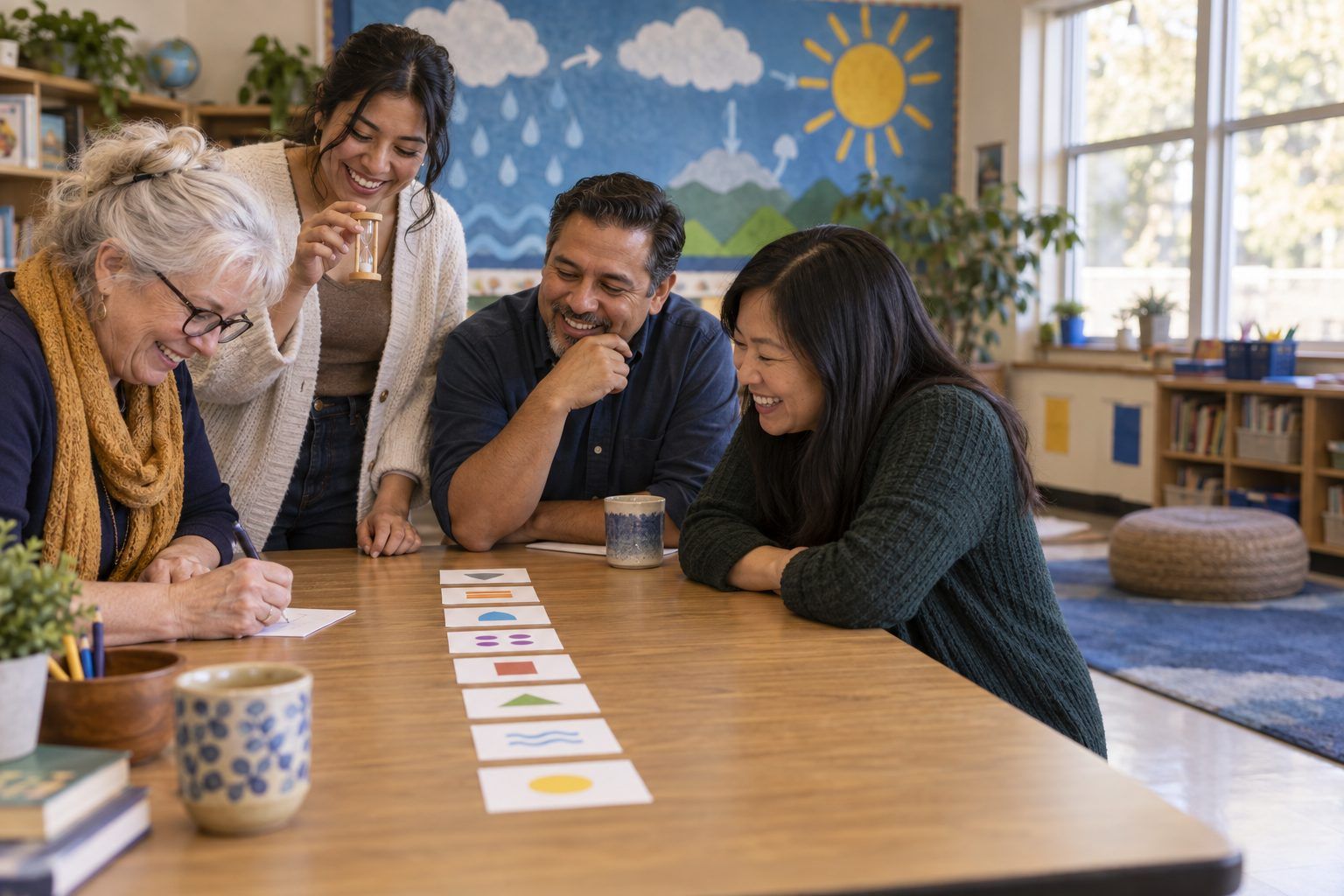 Teachers time a colleague as she plays a chatbot, with prompt cards laid out like a ladder on the table.