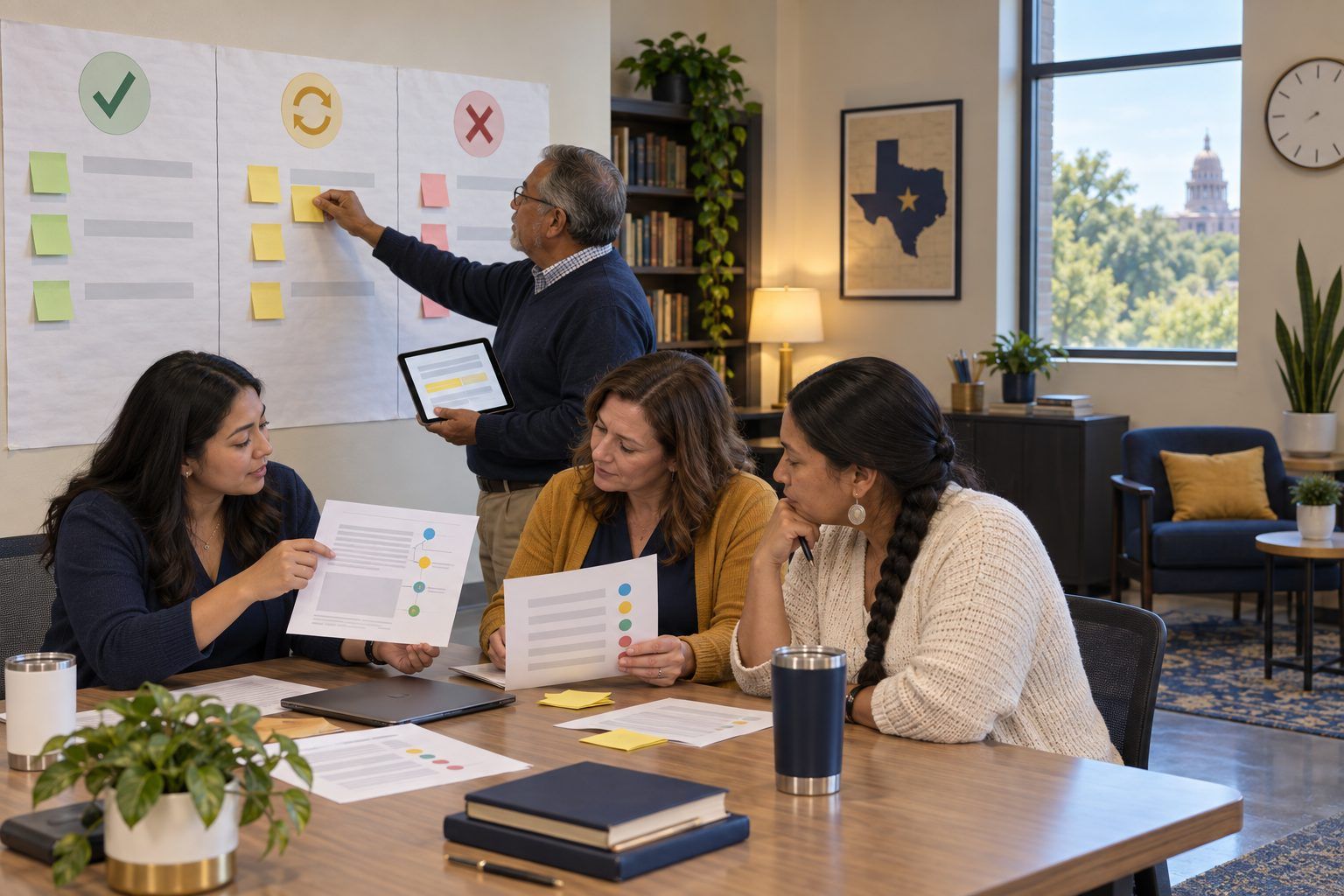 A teacher team decides whether to adopt a new AI feature by studying printed student work with their coach.