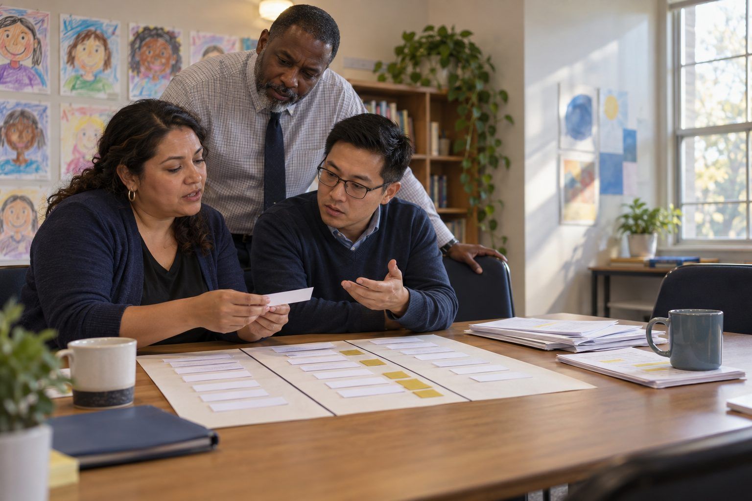 Two coaches and a principal sort strips about AI in classroom observations and write guardrails on sticky notes.