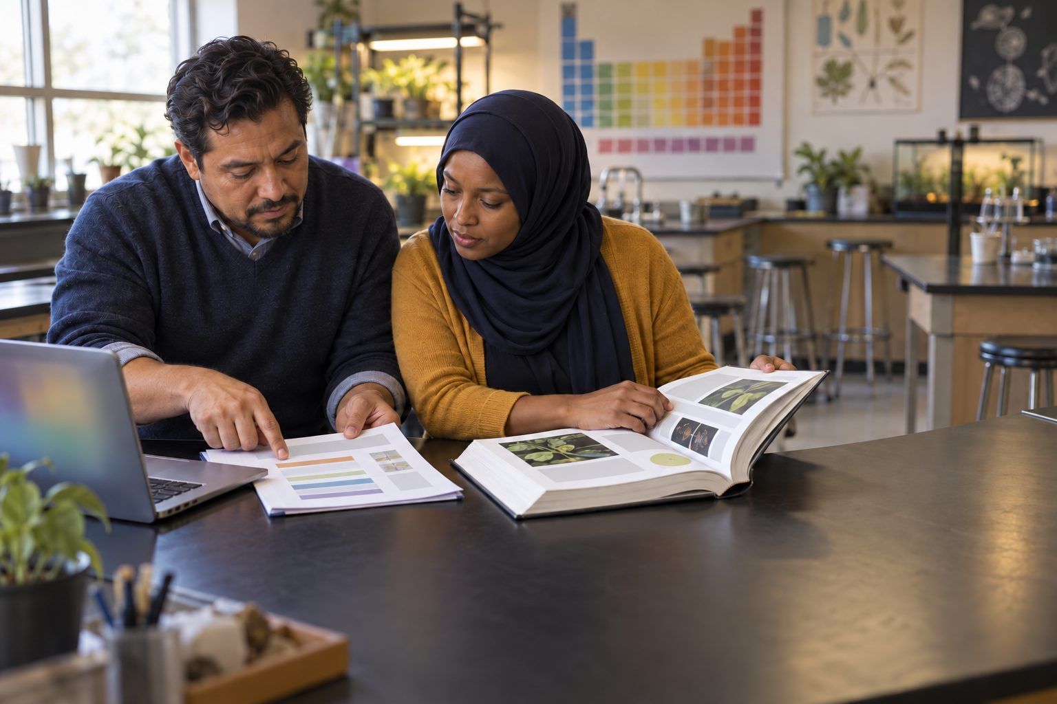 A science teacher and a librarian check a chatbot's claims against a textbook, one claim at a time.