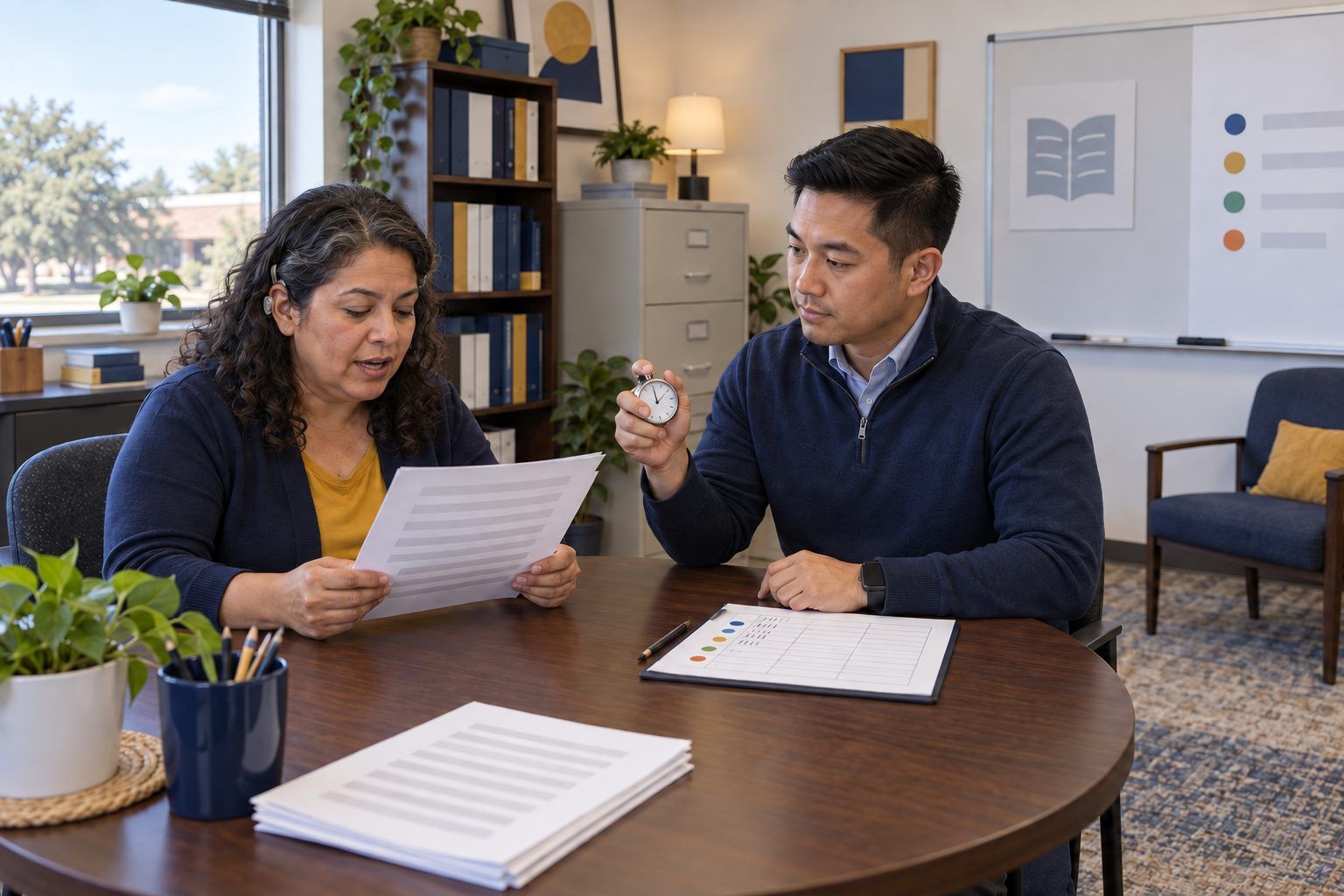 Two instructional coaches time the pauses in a printed classroom transcript with a stopwatch.