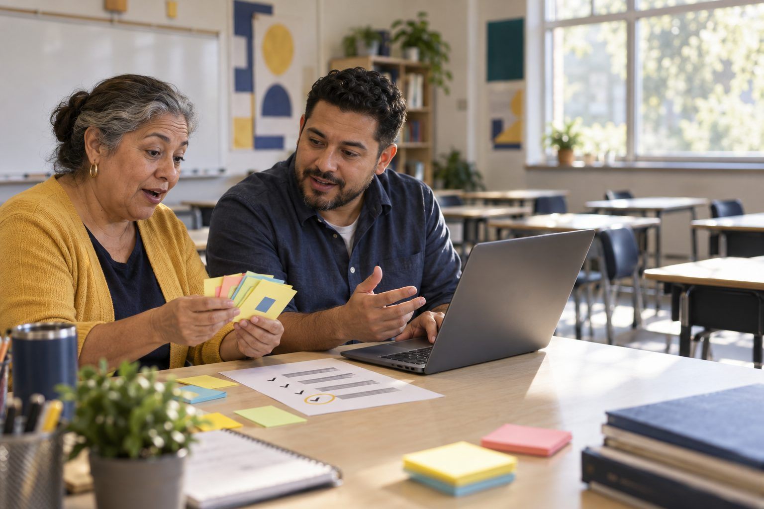 Two teachers audit the apps their students use, starting from a stack of sticky notes.