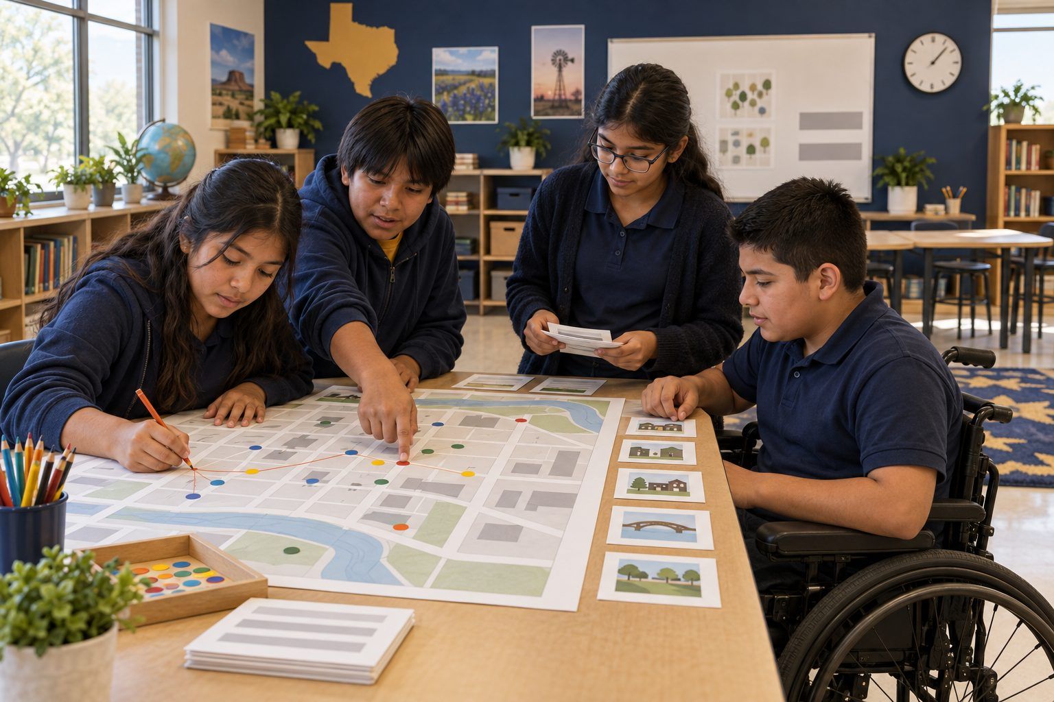 Middle school students connect location clues into a trail on a printed town map.