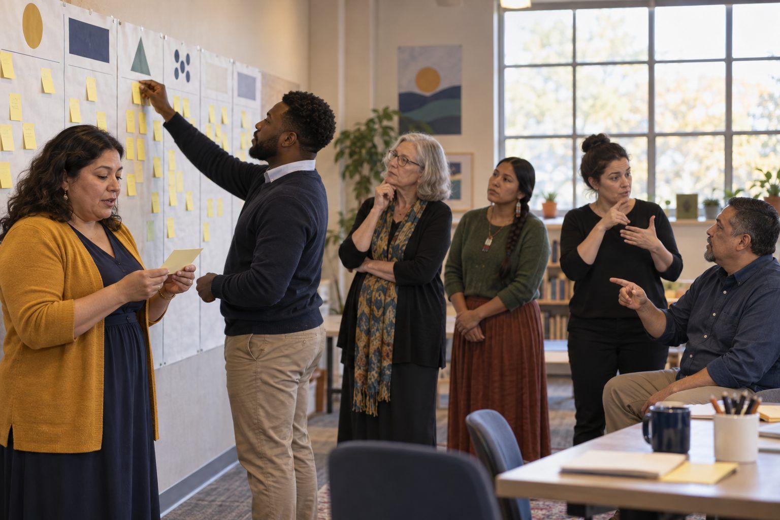 Educators post sticky notes on a wall-sized barrier map while an interpreter signs for a Deaf colleague.