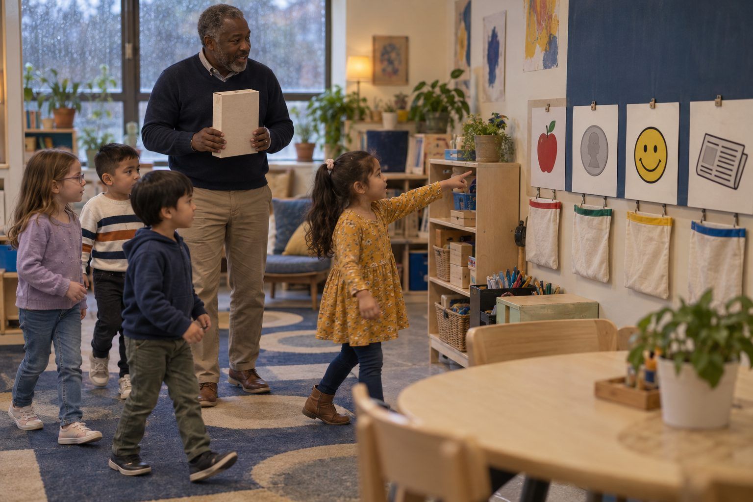 Kindergartners walk to classroom corners to show why a cereal box was made.