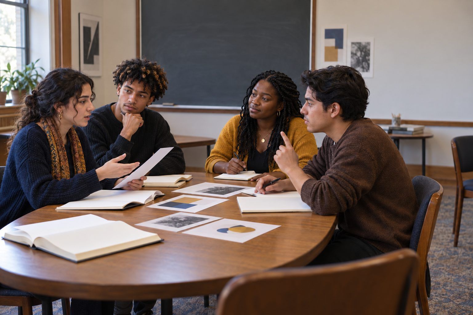 University students listen carefully as a classmate restates their argument about AI and artists' rights.