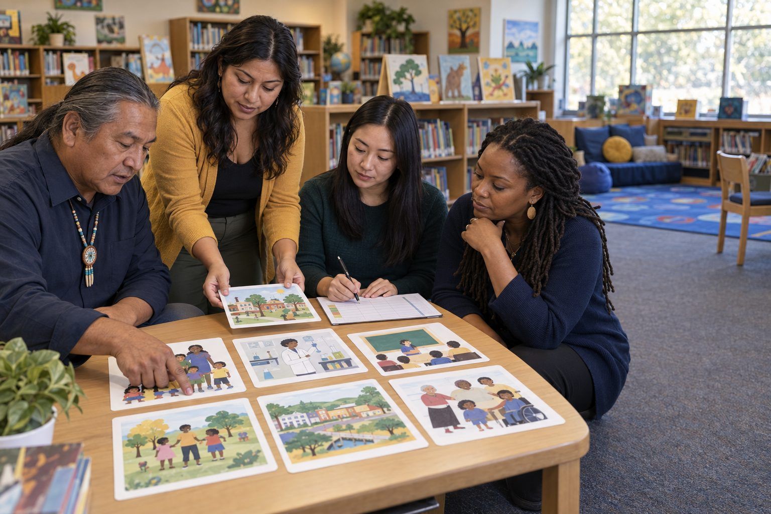 A librarian and three teachers review illustrated cards and discuss who is represented and who is left out.
