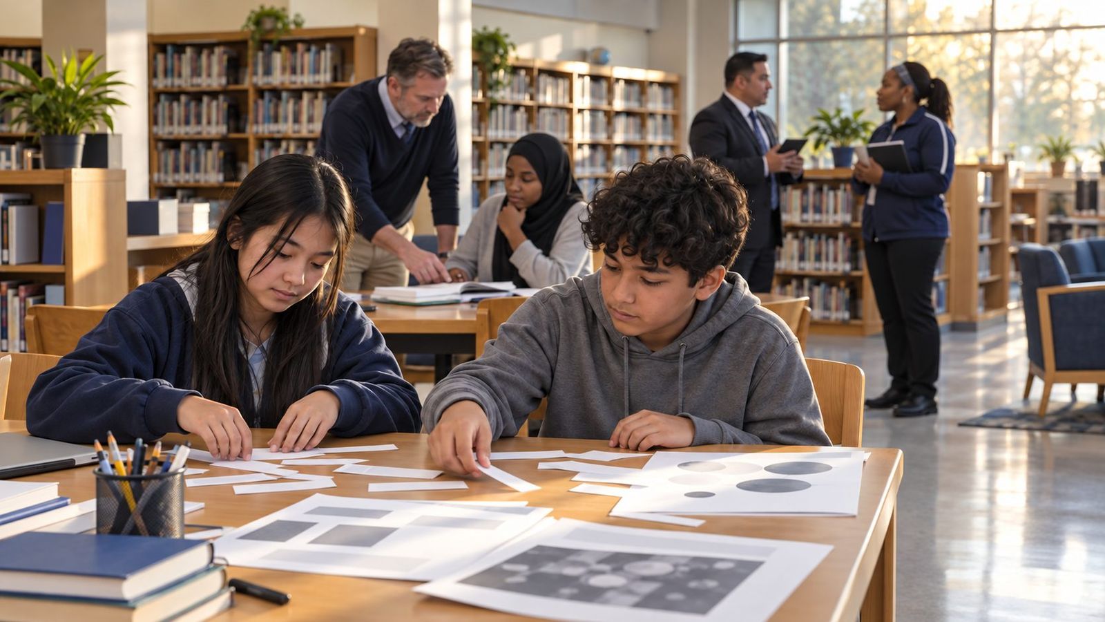 A school library where students, a teacher, a coach, and a principal are each learning in different ways.