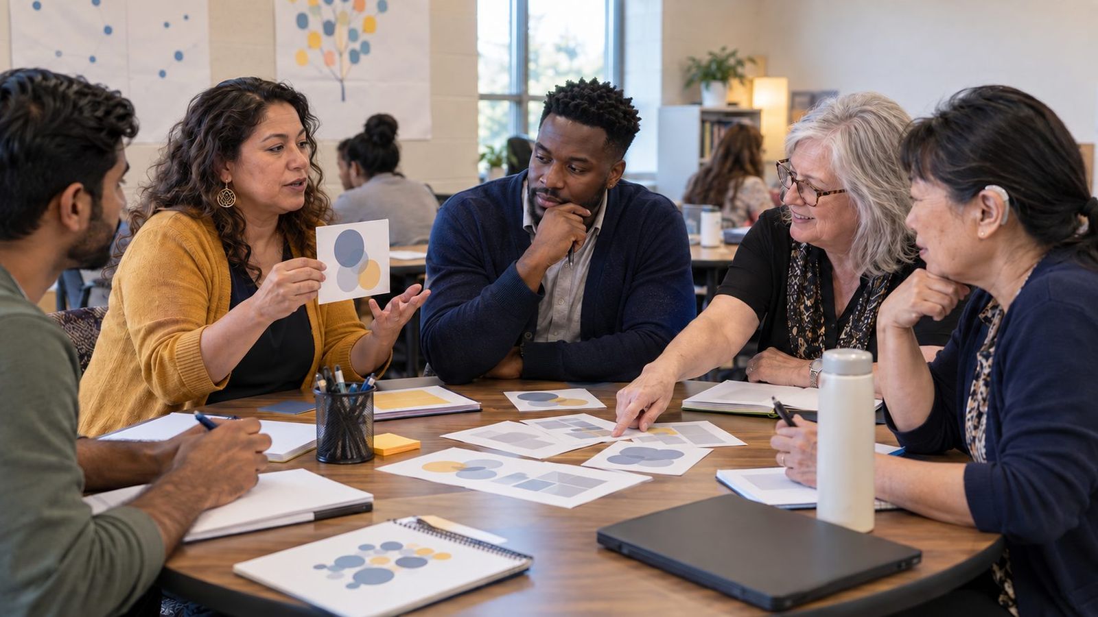Five educators around a table debate printed cards during a professional learning session.