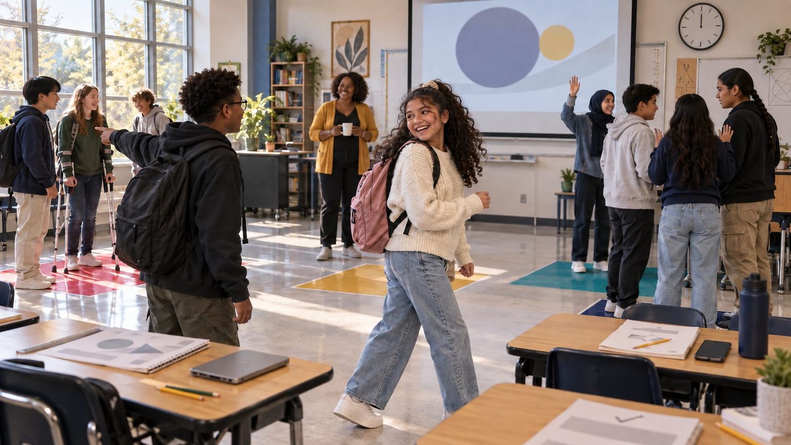 Middle school students move to the corners of their classroom to vote on a morning question while their teacher looks on.