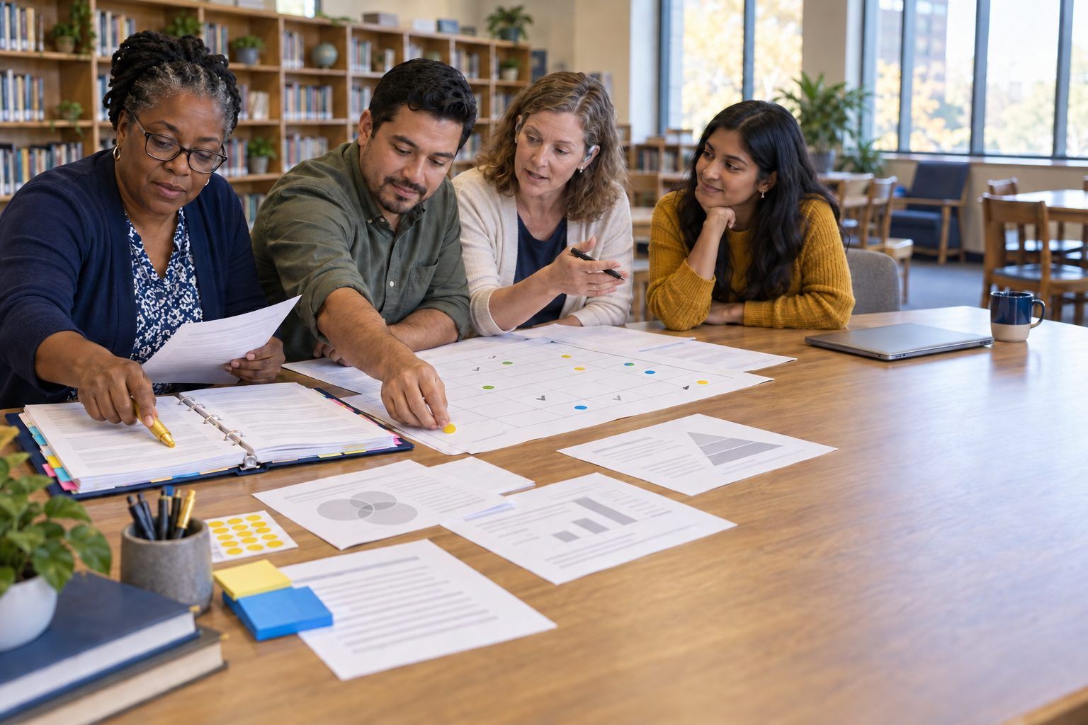 Four educators match classroom activities to standards using an open binder, printed handouts, and a chart-paper grid.