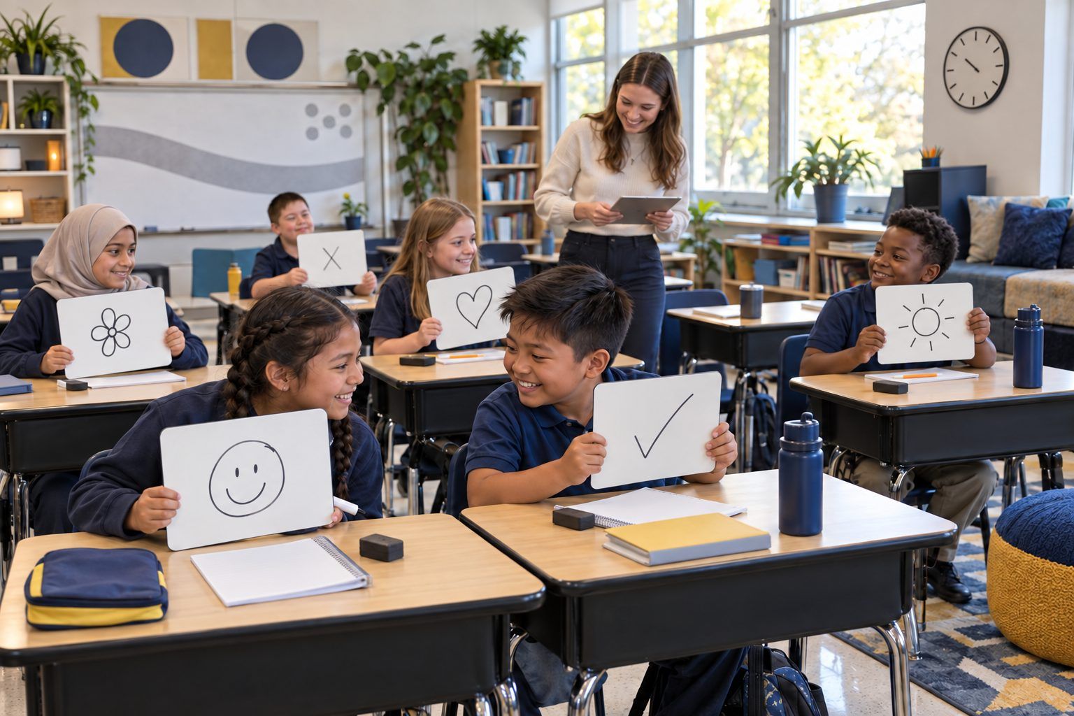Fourth graders hold up mini whiteboards with their answers to a quick morning question.
