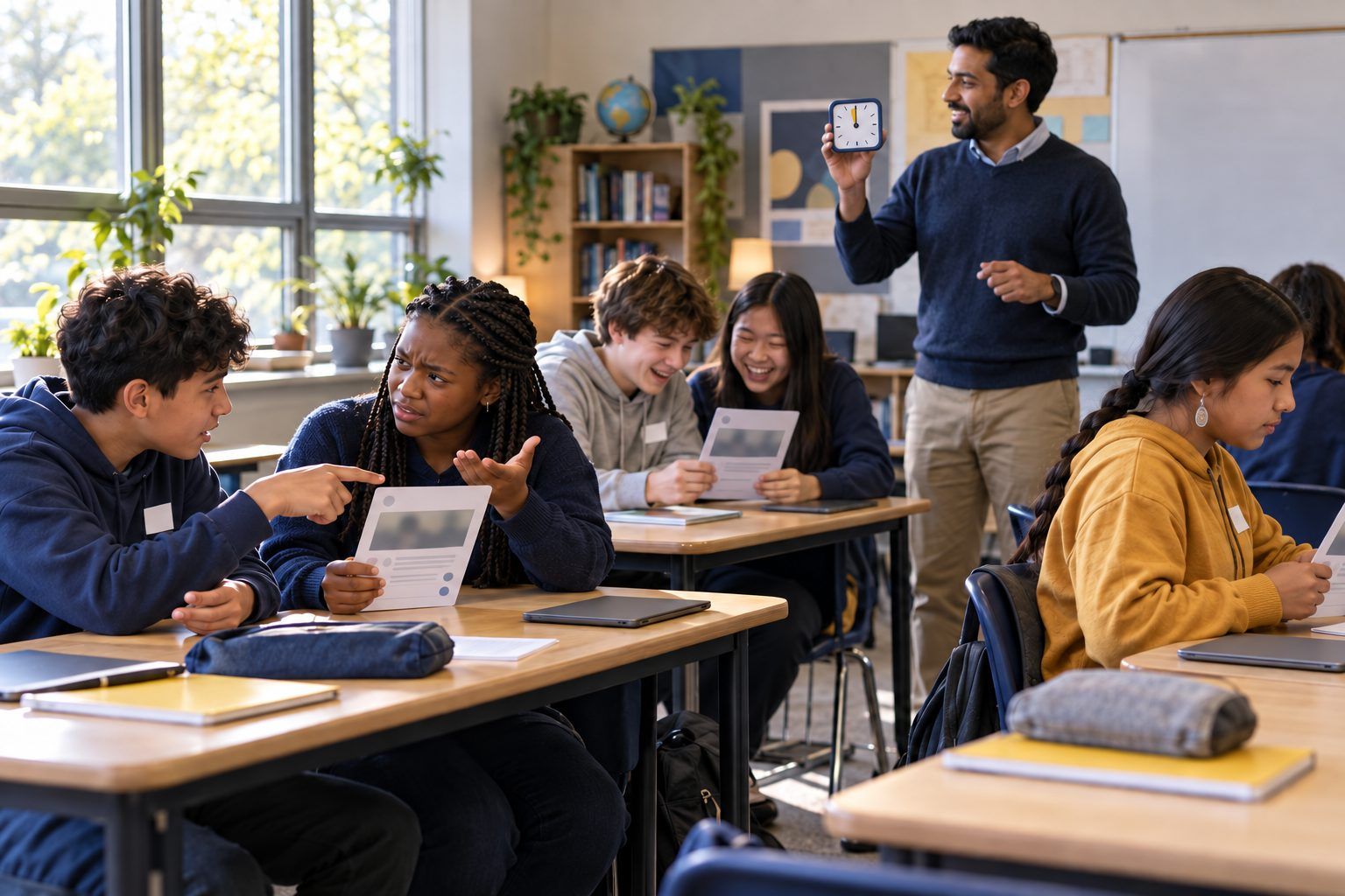 Seventh graders in pairs debate whether a printed social media post is fact or fake.