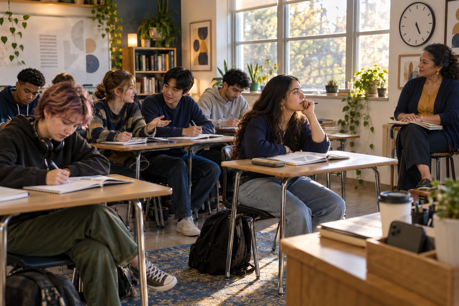 High school students start class with a quick-write, one pausing to think by the window.