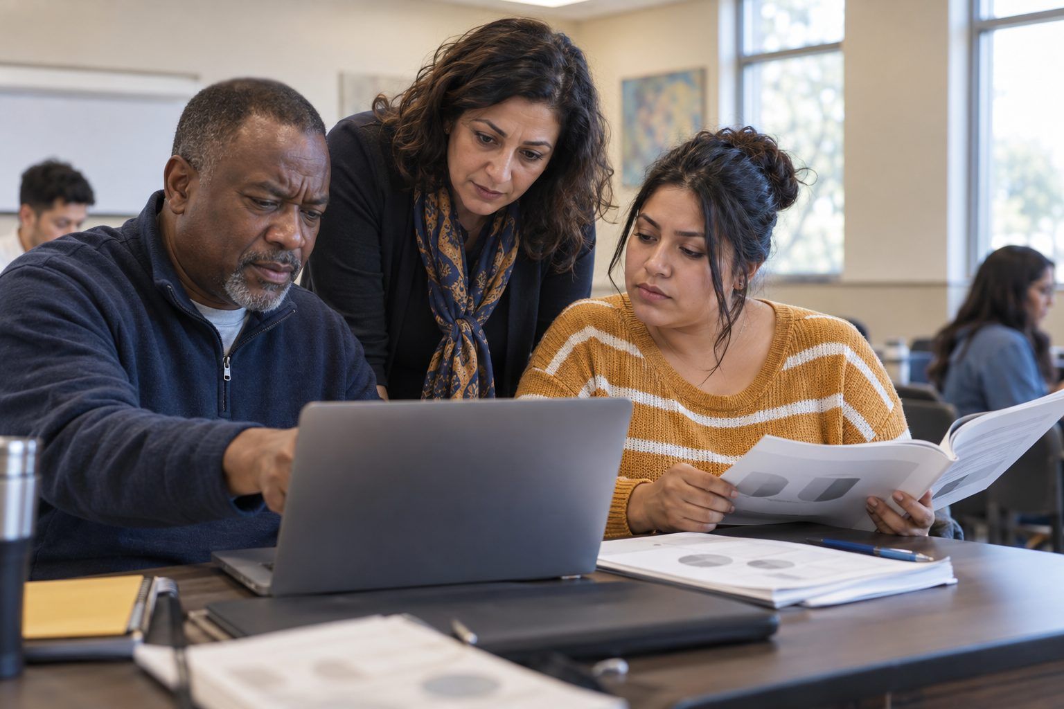 Adult learners compare a laptop screen against a printed textbook with their instructor.