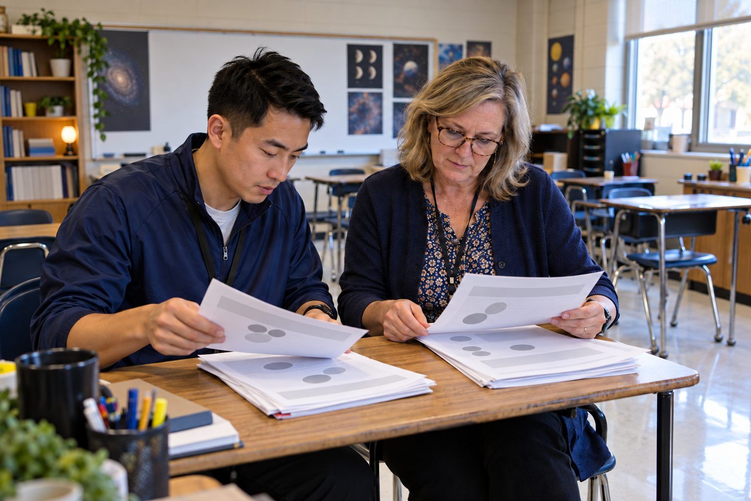An instructional coach and a teacher sort student work after school.