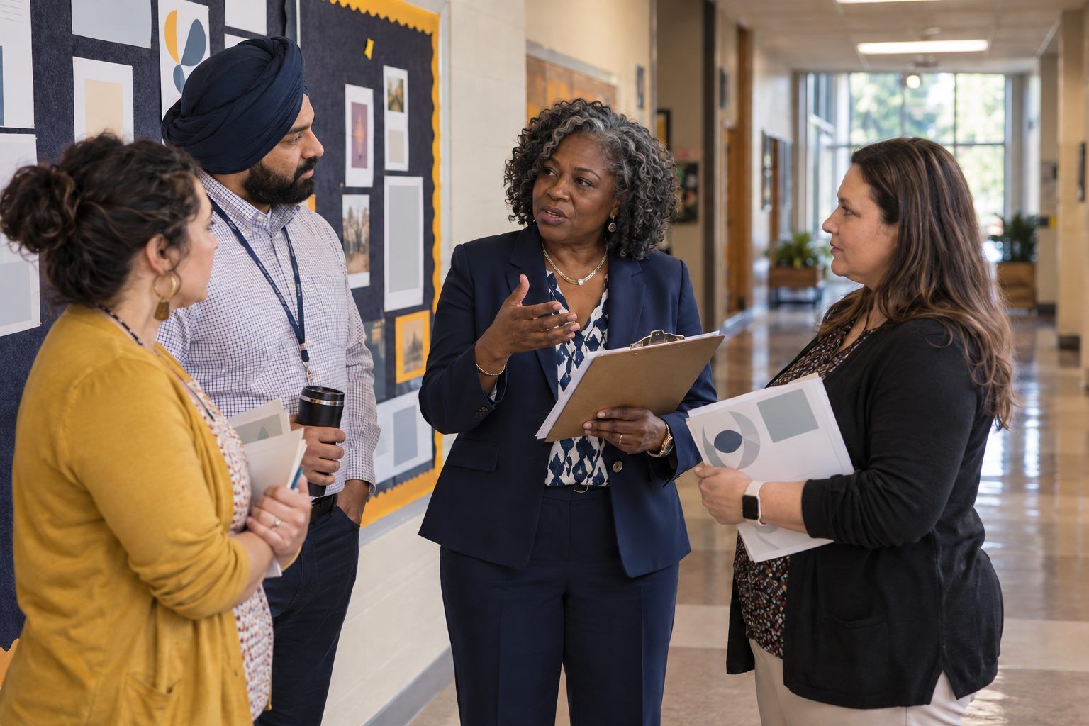 A principal leads a hallway conversation with a group of teachers.