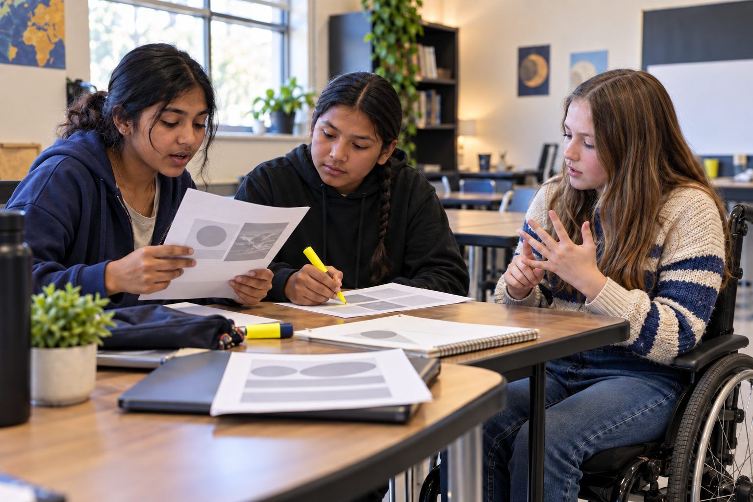 Three middle school students read and annotate an article together.
