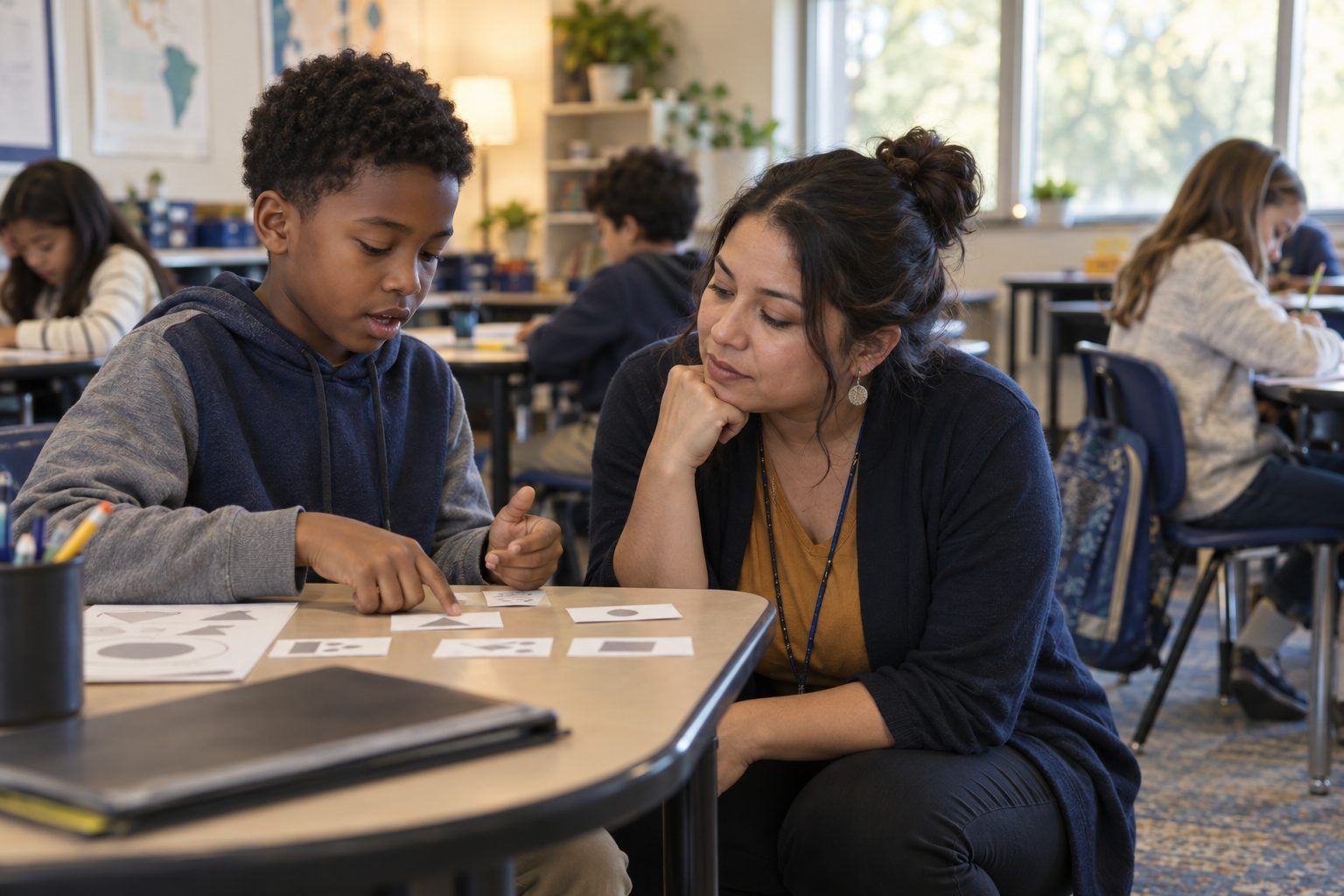 A teacher kneels to listen as a student explains his thinking.