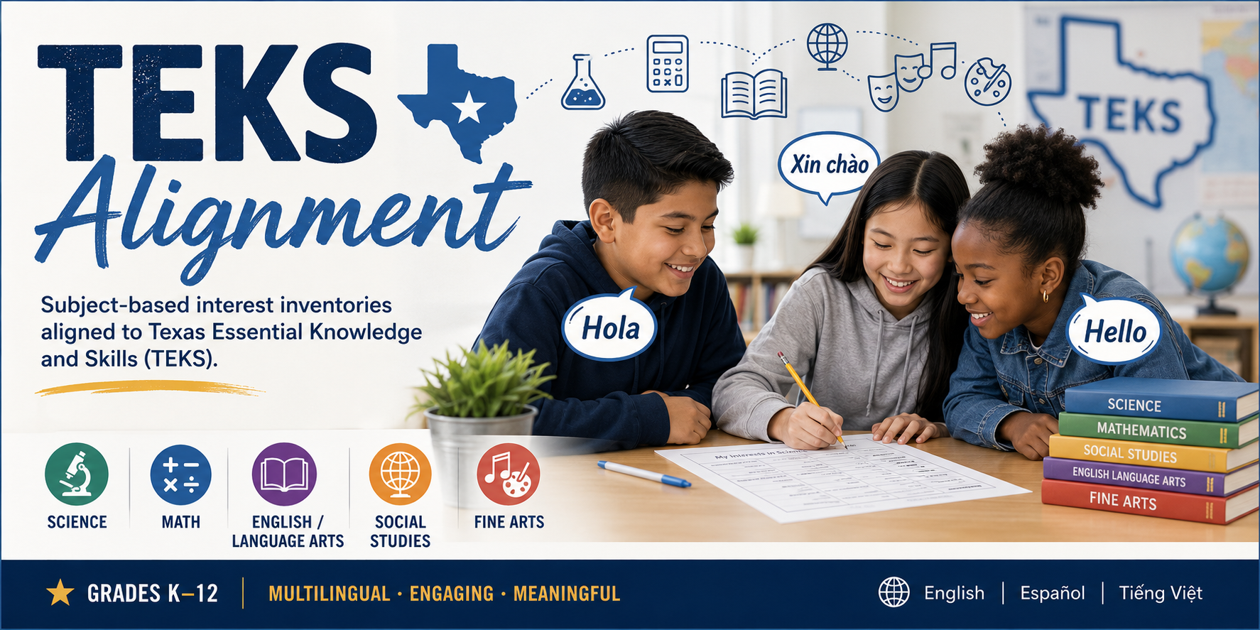 TEKS Alignment — subject-based interest inventories aligned to the Texas Essential Knowledge and Skills, Grades K–12, in English, Spanish, and Vietnamese.