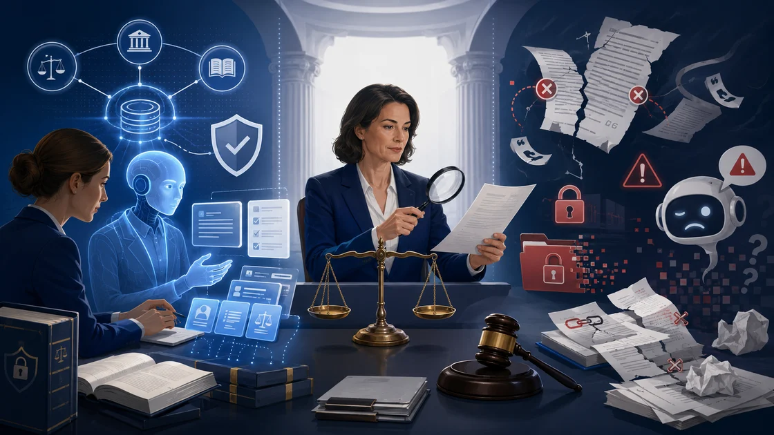 An attorney examining a document with a magnifying glass beside the scales of justice, with helpful AI tools on one side and AI failures (fabricated citations, warnings, and data-leak locks) on the other